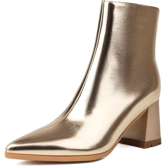 Block Chunky Heel Women Gold High quality synthetic leather Ankle Booties